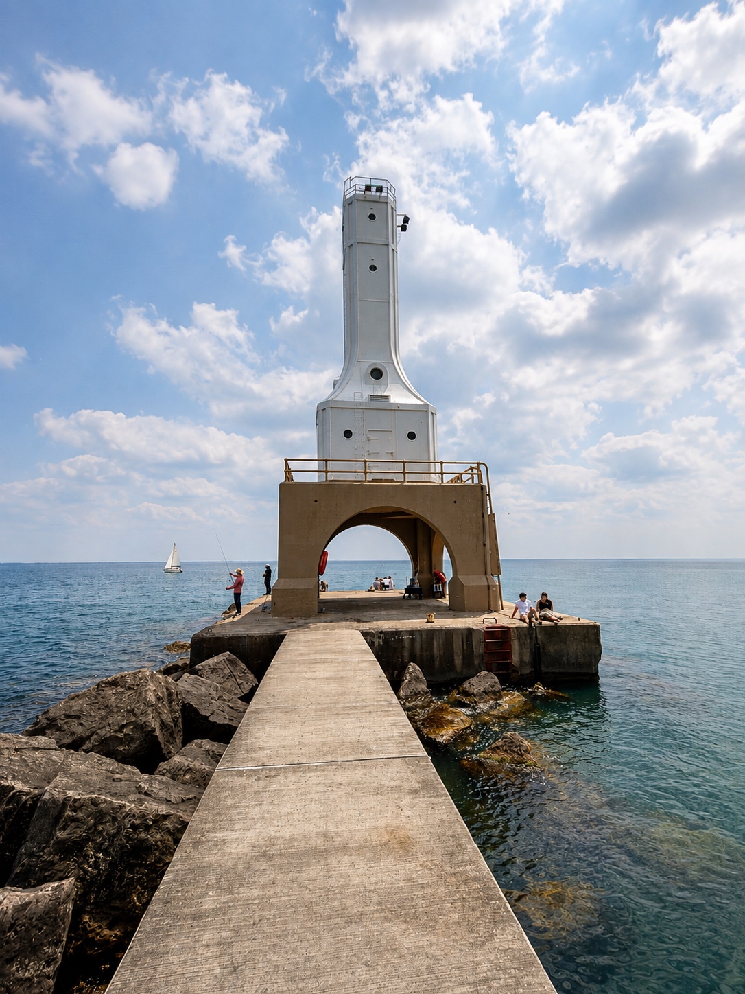 Port Washington Breakwater Lighthouse at the end of the narrow walkway, surrounded by Lake Michigan